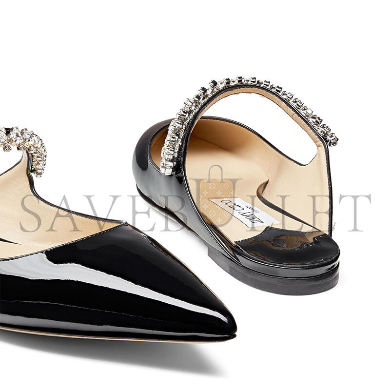JIMMY CHOO BLACK PATENT LEATHER MULES WITH CRYSTAL STRAP BINGFLATPAT010003